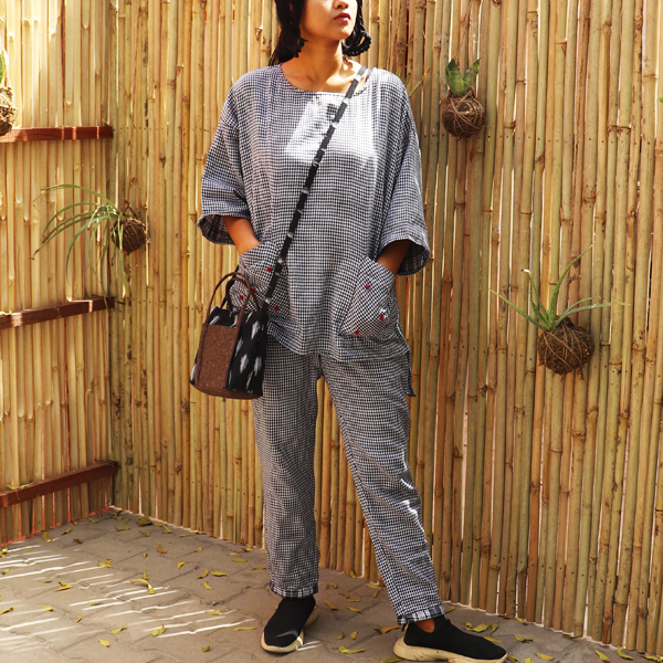 Kirgiti's ' Double Weave Organic Cotton and Hand Embroidered Black Checkered Comfort Fit Top - image 2
